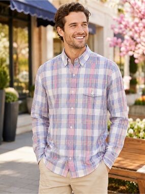 J. Crew Men’s Pink, Light Blue and White Plaid Button-Down Shirt